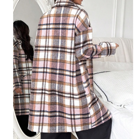 Cozy Plaid Print Button Down Long Jacket Shacket - Picture 4 of 5